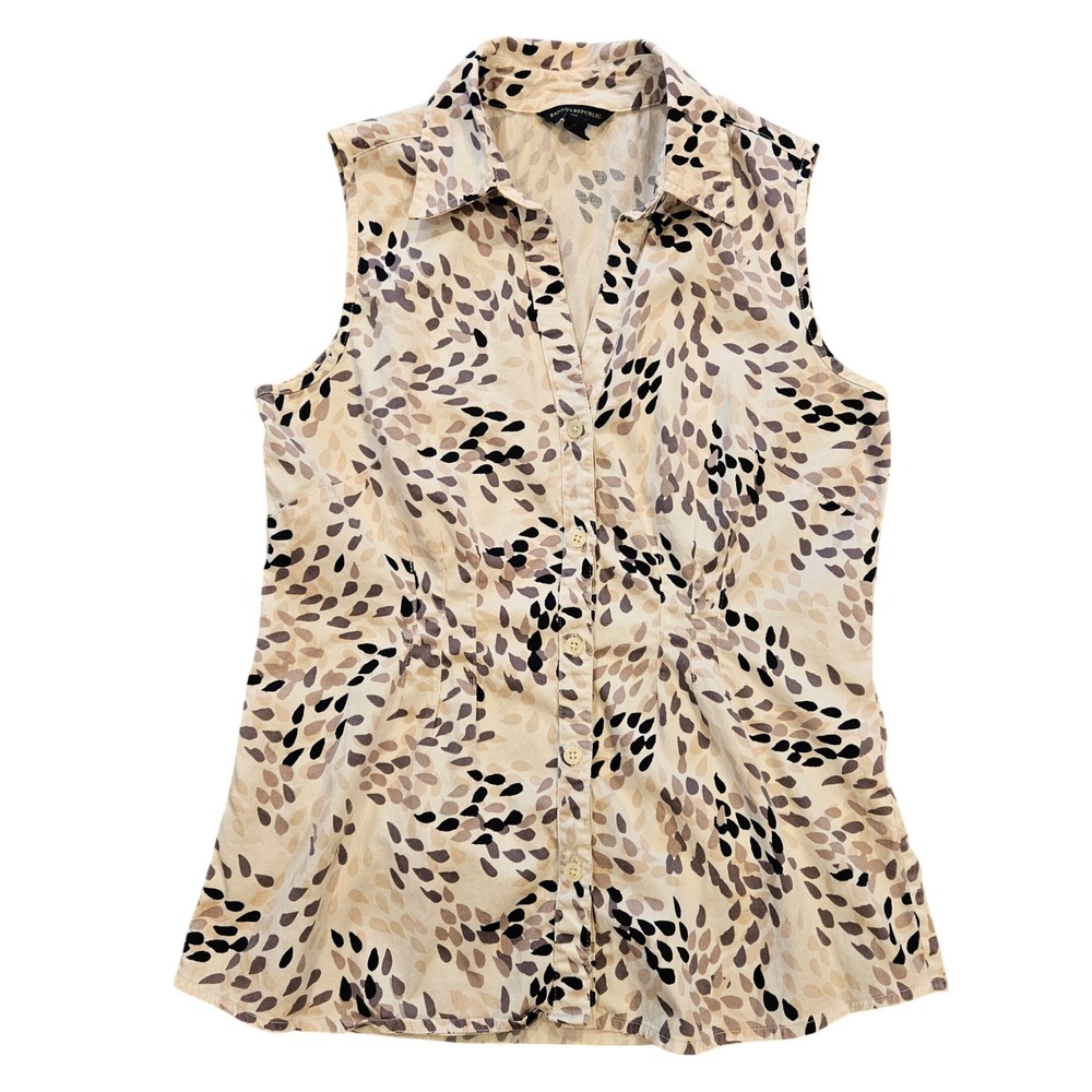 Banana Republic Sleeveless Button Down Shirt Tan Grey Black Petal Print Small